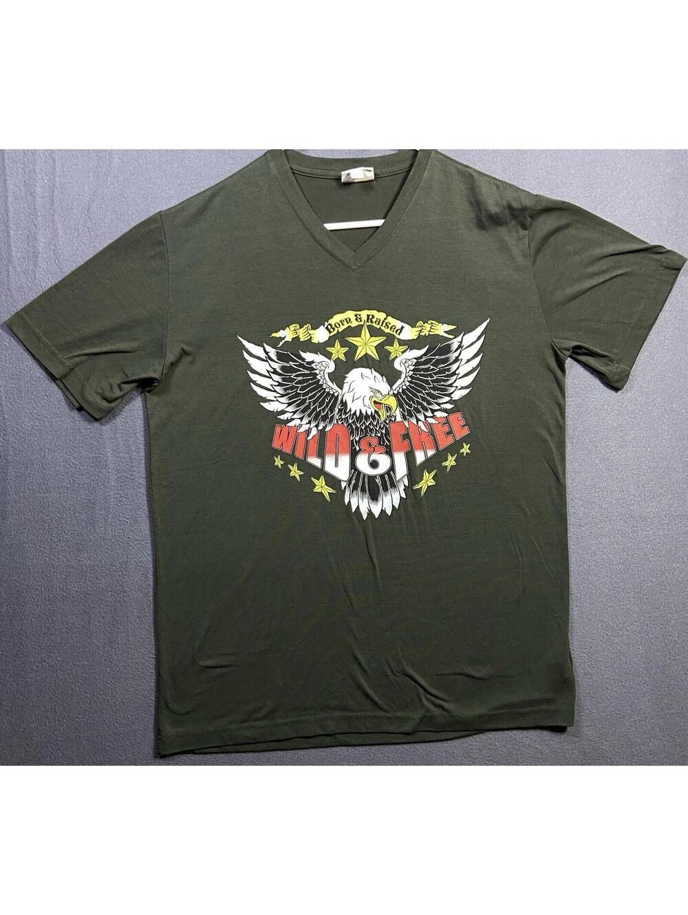 Lularoe BORN & RAISED WILD & FREE Devin S Small Olive V Neck Patriot Eagle Shirt